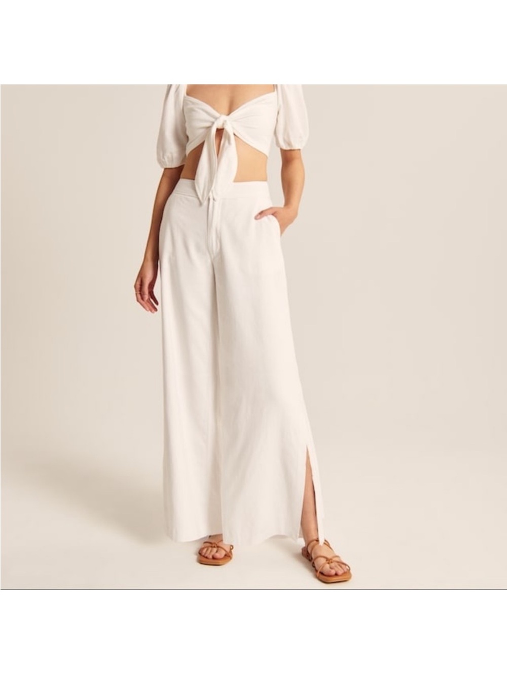 Abercrombie & Fitch White Resort Linen-Blend Wide-Leg Split-Hem Pants